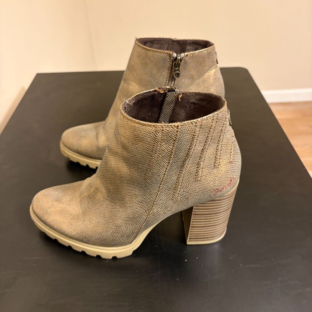 Blowfish Metallic Bronze Snakeskin Ankle Boots Block Heel Lug Sole Women’s 8.5